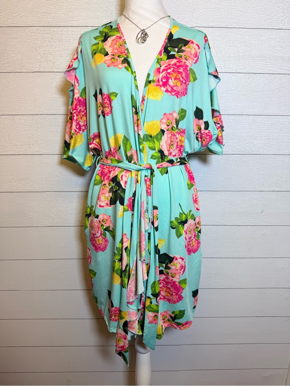 Betsey Johnson Light Blue Floral Wrap Robe with Pink & Yellow Flowers Size Med